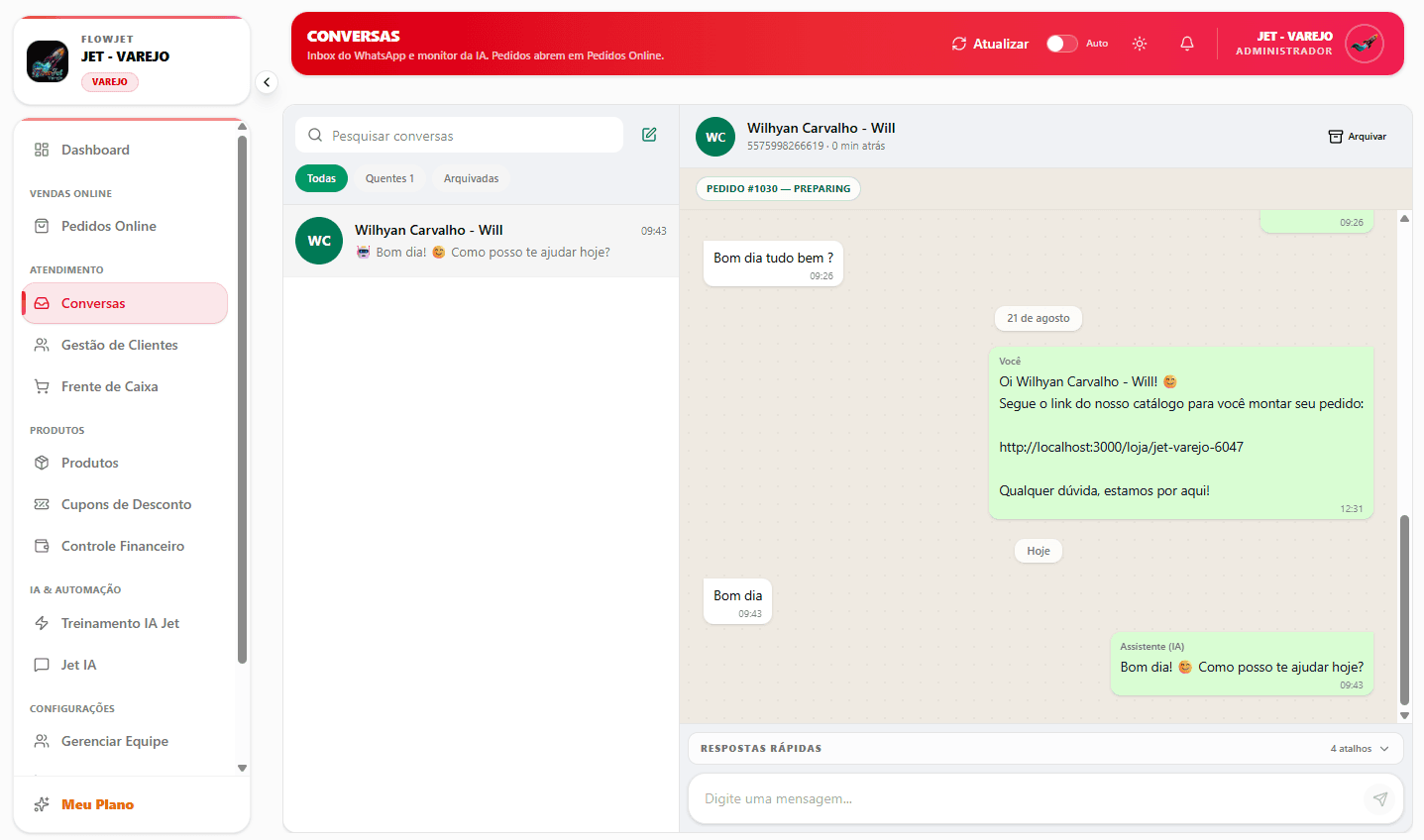 Inbox do WhatsApp dentro do FlowJet